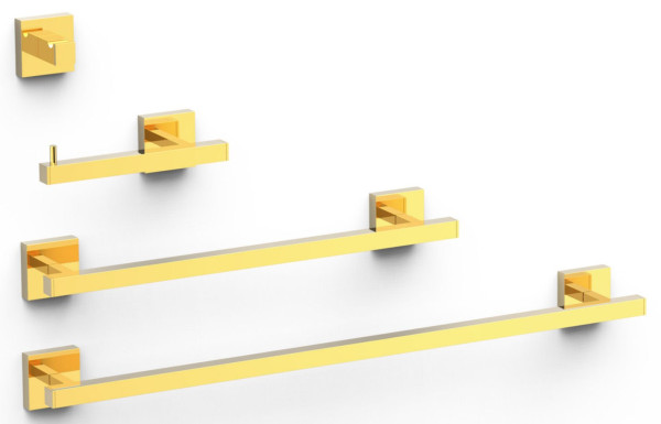 TRES Square SADA dopňků: 2x madlo na ručníky, 1x držák toal.papíru bez krytu, 1x háček, zlato (09598101OR) (1)