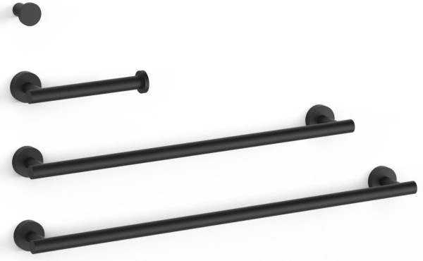 TRES Round SADA dopňků: 2x madlo na ručníky, 1x držák toal.papíru bez krytu, 1x háček, černá mat (09598102NM) (1)