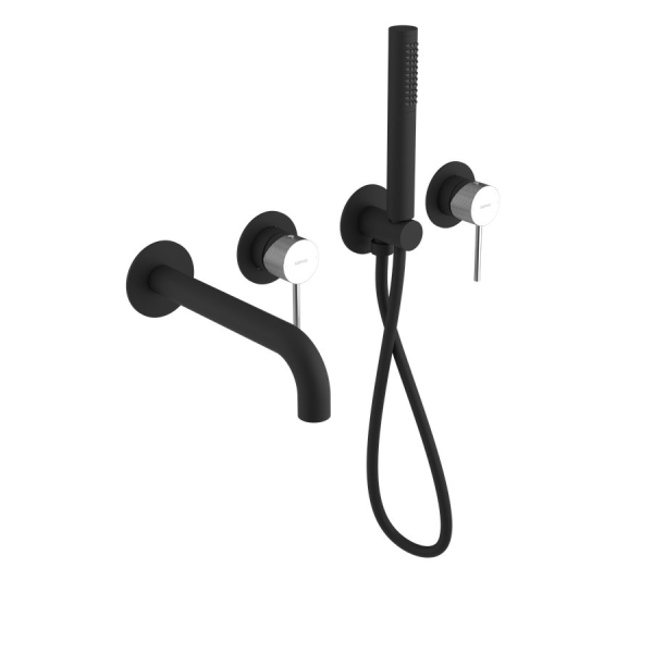 ULTRASAN podomítková vanová baterie s hubicí a ruční sprchou, 2 výstupy, černá mat/chrom (UT093VBC)