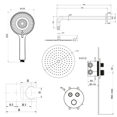 SMART SELECT podomítkový sprchový set s termostatickou baterií, 2 výstupy, vyústění, černá mat (RP032B-01)
