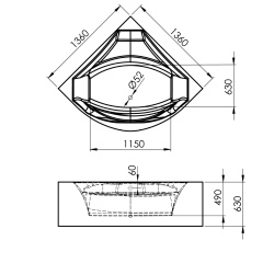 ROSANA MONOLITH rohová vana 136x136x63cm, bílá/černá (64119MB)