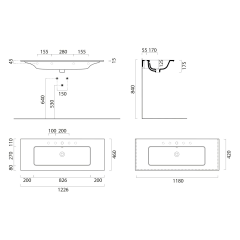 PURA keramické umyvadlo Slim 122x46cm, 2 otvory, creta mat (8887208)