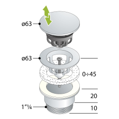 Umyvadlová výpust 5/4“, click-clack, velká zátka, 10-45mm, bílá mat (7532.310.5XD)