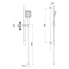 Sprchová souprava hranatá, posuvný držák 680mm, černá mat (SC815B)