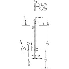 TRES FLAT sprchový pákový set  včetně podomítkového tělesa s horní talířovou sprchou s držákem sprchy, hadicí, hlavicí, chrom (20418002) (2)