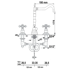 ANTEA tříprvková umyvadlová baterie s retro hubicí, s výpustí, chrom/zlato (3222) (2)